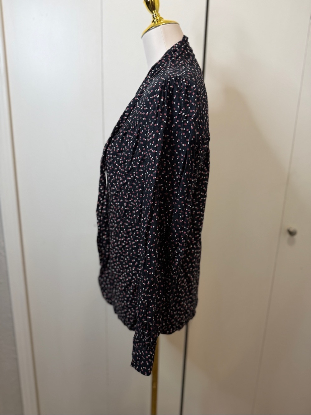 PAIGE Black Blouse with Pink Dot Print and Draped Tie Neck - Picture 2 of 9